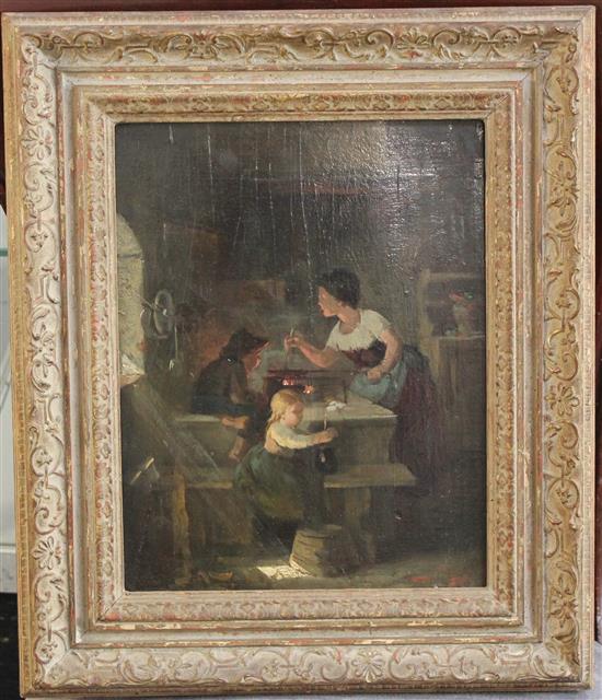 19th century French School Kitchen interior with mother and children, 11.5 x 9in.